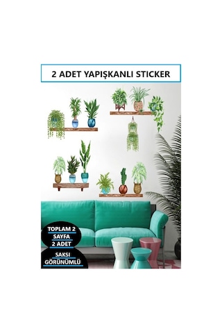 Yapışkanlı Sticker Dekoratif Duvar Cam Stickerı Saksı Çiçek Tasarımlı Ev Dekorasyon Yapışkanı Tablo Raf Görünümlü Yeşil