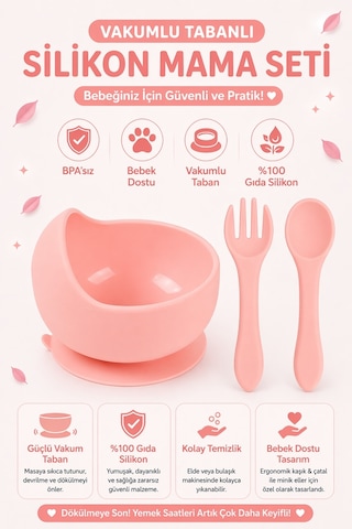 Jojobebek Vakumlu Silikon Mama Kasesi, Altı Vakumlu Mama Kasesi, Silikon Kaşık Ve Çatal / Pembe