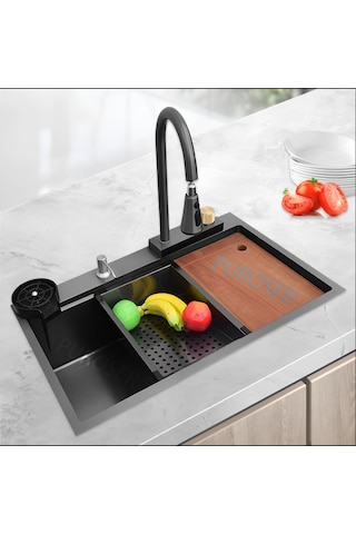 Puroser Teknolojik Mutfak Eviye Seti Siyah Krom Evye Şelale Evye 3 Fonksiyonlu Bataryası Dahil