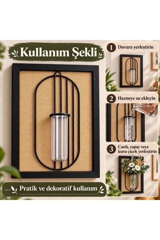 Siyah Ahşap Çerçeveli Hasır Zeminli Metal Detaylı Tüp Vazolu Dekoratif Duvar Tablosu - 21x30 Cm Çok Renkli