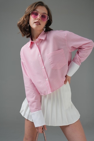 Saade Pembe Çizgili Crop Gömlek Mavi