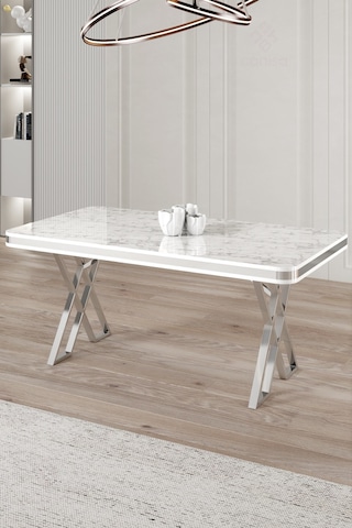 Canisa Rigel Serisi 80x130 Lak Panel Sabit Masa Beyaz Mermer Desen Krom Ayaklı Masa Beyaz Mermer Desen Ayaklar Krom