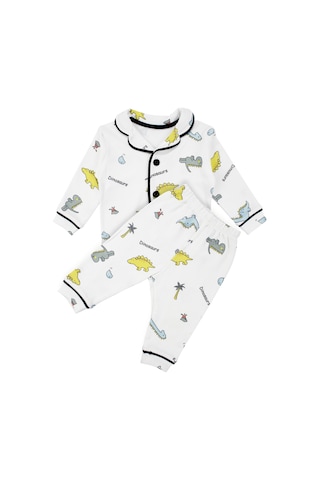 Bebegen Unisex Ekru Renkli Dinazor Desenli Kruvaze Yaka Pijama Takımı Çok Renkli