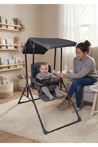 Yatarlı Tenteli Mama Tablalı Katlanır Keten Kumaş Ev Tipi Salıncak & Mama Sandalyesi