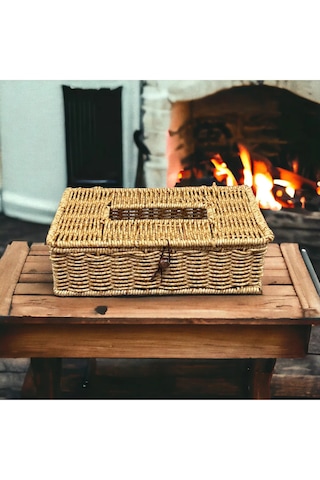 Hasır Rattan Peçetelik Saklama Kutusu Organizer Kare Büyük