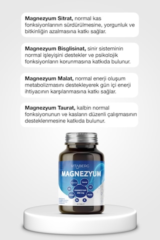 Vitaberg Magnezyum Bisglisinat, Taurat, Sitrat, Malat + K2, B6, Bor, Selenyum