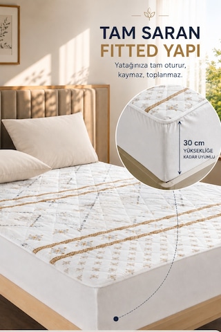 Veluna Desenli Sıvı Geçirmez Kapitone Fitted Alez Ve Yastık Kılıfı Seti Özel Kutulu Gönderim Bej