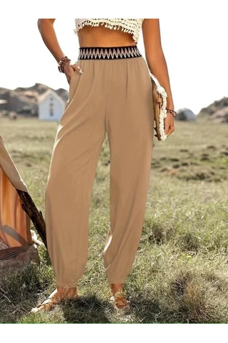 DefyModa Kadın Yüksek Bel Beli Lastikli Dökümlü Ve Beli Şeritli Pera Pantolon Bej