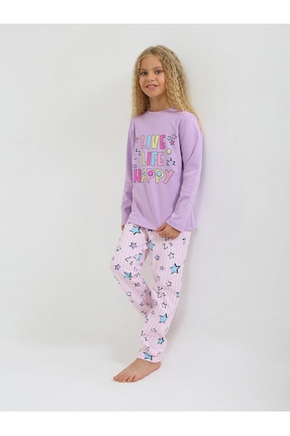 Kız Çocuk Uzun Kollu %100 Pamuklu Pijama Takımı Happy Life Lila