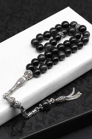 Obsidyen Doğal Taş Tesbih 925 Ayar Gümüş 8 Mm Küre Kesim 50162096