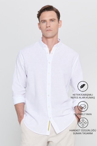 AC&Co / Altınyıldız Classics Erkek Beyaz Comfort Fit Rahat Kesim Düğmeli Yaka Casual Keten Gömlek 4A2022200085BYZXL Beyaz