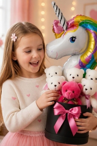 Unicorn Balonlu 6 Peluş Ayıcıklı Premium Hediye Kutusu Kız Çocukları İçin Eğlenceli Doğum Günü Hediyesi