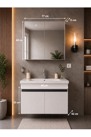 Modern 80 Cm Beyaz Renkli Mdf Seramik Lavabolu Alt Ve Üst Dolaplı Üst Aynalı Banyo Dolabı