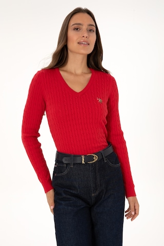 U.S. Polo Assn. Kadın Kırmızı V Yaka Basic Kazak 50307700-VR171