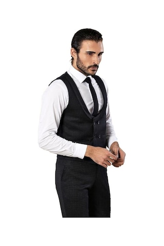 Desenli Kruvaze Lacivert Erkek Pantolon Yelek Set - Wessi