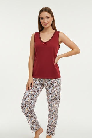 Kompedan Kadın % 100 Ring Viskon V Yaka Altı Desenli Kalın Askılı Pijama Takımı Kiremit 40108-4770