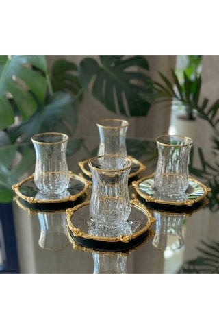 12 Parça 6 Kişilik Kristal Kesim Çay Takımı Cam Çay Bardağı Ve Tabak Seti Eco Gümüş