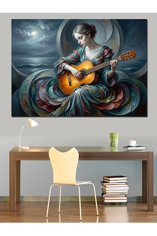 Gitar Çalan Mistik Kadın Portresi Dekoratif Kanvas - Mdf Ahşap Tablo