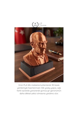 Atatürk Mustafa Kemal Atatürk Büstü 3d Baskı Dekorasyon Biblo Bakır Renk Premium Tasarım Şık Obje E