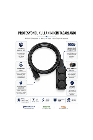 Öznur Kablo Seyyar Uzatma Kablosu 30 Metre Ttr 3x1,5 Mm %100 Tam Bakır Kablo Seldur 3'lü Kauçuk Grup Priz Orel Kauçuk Fiş Ip54 Ip44 30 M