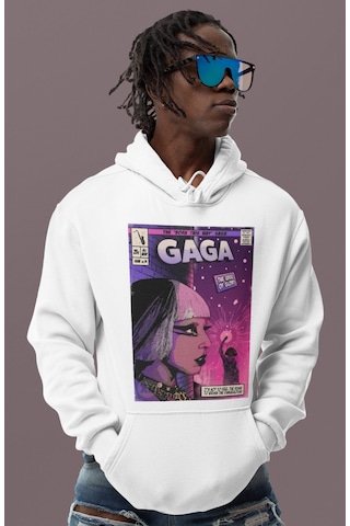 Sevbano Tasarım Lady Gaga Baskılı Unisex Oversize Şarkıcı Hoodie beyaz