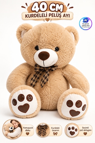 40cm Kurdeleli Pelüş Ayı Yumuşak Dokulu Kalp Pati Detaylı Sevimli Oyuncak Peluş Ayıcık Bej
