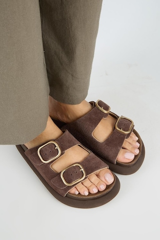 Manijero Lavanda Kadın Hakiki Deri Çift Tokalı Kahve Terlik