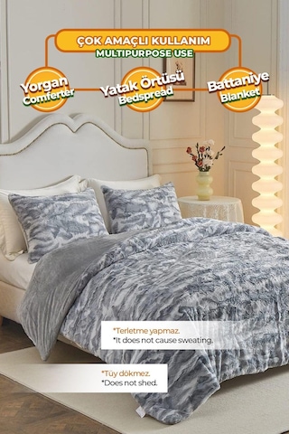 Evlen Home Çift Taraflı Kişilik Kürk Yorgan Uyku Seti Yumuşak Dolgulu Wellsoft Peluş 3 Parça Mia Antrasit Gri