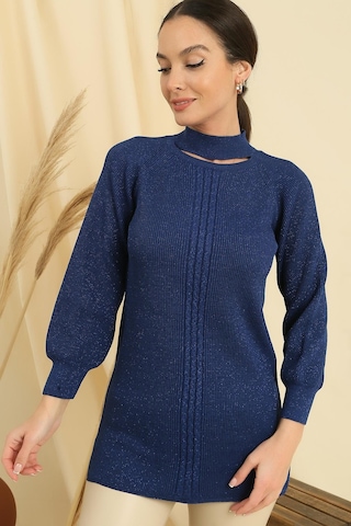 Boyun Dekolteli Saç Örgülü Desen Büyük Beden Spor Tunik Kazak-35203 - Saks