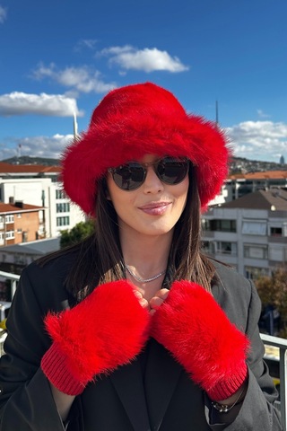 Mollycrush Kadın Kırmızı Suni Kürk Bucket Şapka Ve Eldiven Seti Kışlık Trend Tasarım Kırmızı
