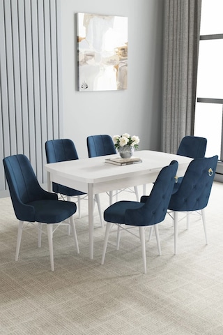 Zümra Serisi, Beyaz 80x132 Açılabilir Mdf Mutfak Masası Takımı 6 Adet Sandalye, Lacivert