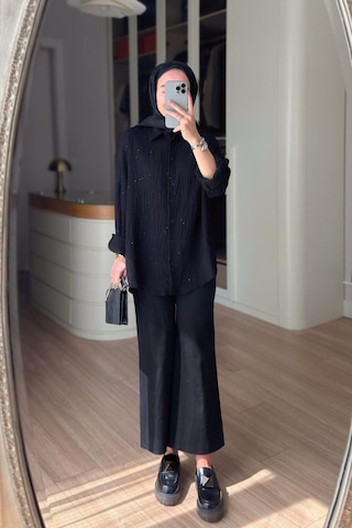 Kahijab Nakışlı Pul Detay Oversize Gömlek - Siyah