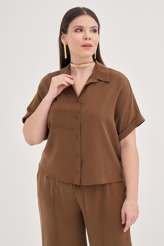 Kısa Kollu Oversize Gömlek-1801 Kahverengi