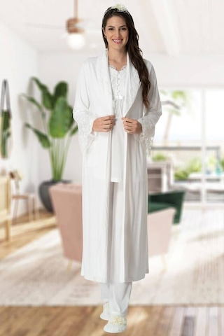Mecit Pijama Mecit 5416 Bayan Hamile Lohusa Ekru Uzun Sabahlıklı Pijama Takımı
