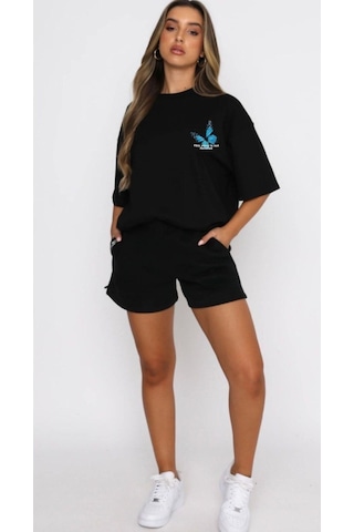 Kelebek T-shirt Şort - Siyah Alt Üst Kombin Şort Tişört Takım Baskılı Oversize Bisiklet Yaka Siyah