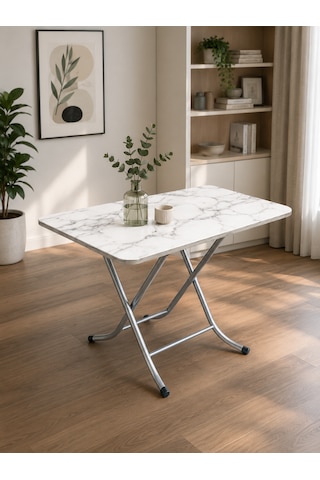 Mermer Desenli Katlanır Masa Pratik Portatif Mutfak Masası Balkon Bahçe Masası Beyaz Mermer