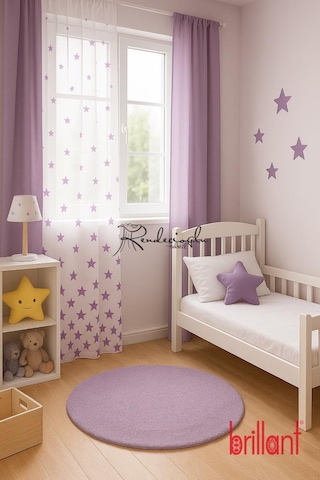 Brillant Marka Yıldız Desenli Tül Perde Örme Kumaş, Çocuk Odası İçin Özel Tasarım Mor Mor