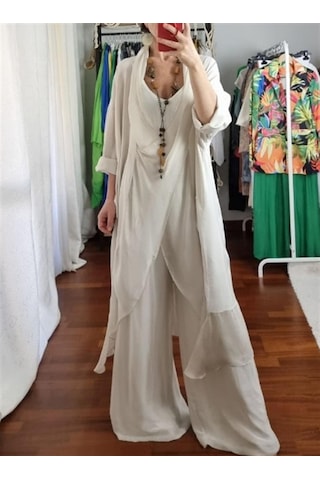 Bohem Stil İtalyan Yarasa Kol İpek Bluz & Pantolon Takım-8767 Bej