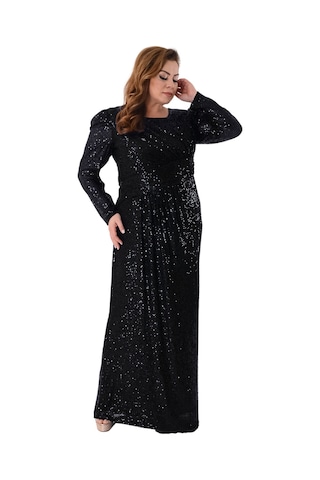 Lilas Xxl Kadın Büyük Beden Full Pul Payet İşlemeli Uzun Abiye Elbise 2482 Siyah Siyah