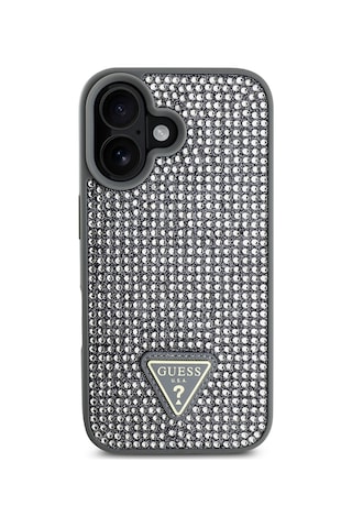 Apple Uyumlu iPhone 16 Plus Kılıf Guess Lisanslı Üçgen Logolu Taşlı Kapak Gümüş