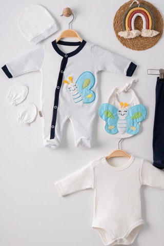 Veraura Lifestyle Kelebek Nakışlı Tulumlu % 100 Pamuk Erkek Bebek 5'li Set Siyah 0-3 Ay