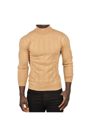 Deepsea Erkek Camel Slim Fit Likralı Tam Balıkçı Yaka Çizgili Boğazlı Kazak 2505504 Camel
