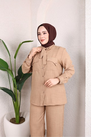 Hira Life Fashion Kadın Çift Cepli Önü Bağlamalı Düğmeli Tunik Pantolon Tessetür İkili Takım Vizon Vizon