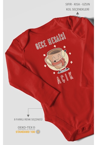 Gece Mesaisi Açık Baskılı Bebek Zıbını Çıtçıtlı Body %100 Pamuk Uzun Kol Kırmızı