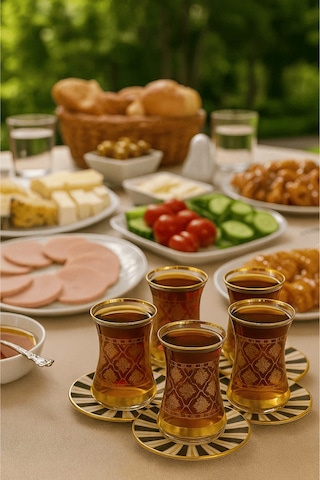 12 Parça Altın Yaldız Desenli İnce Belli Cam Çay Bardağı Ve Tabak Seti Çok Renkli