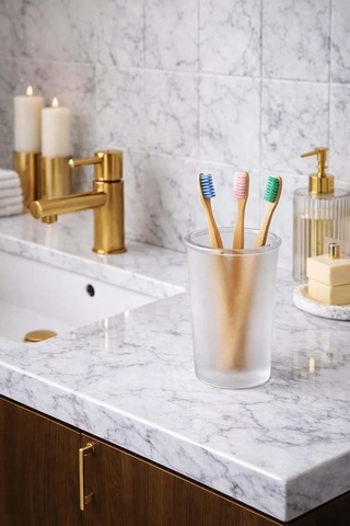 Buzlu Cam Diş Fırçalık Şık Ve Modern Banyo Düzenleyici Organizeri Açık Ahşap