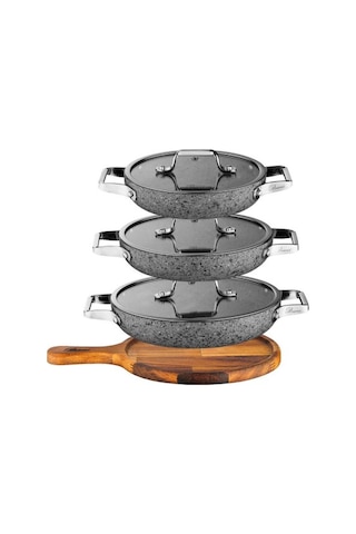 Brioni Stone-age 7 Parça Çizilmez Yanmaz Yapışmaz 18cm 20cm 22cm 3'lü Sahan Omlet Seti Gri