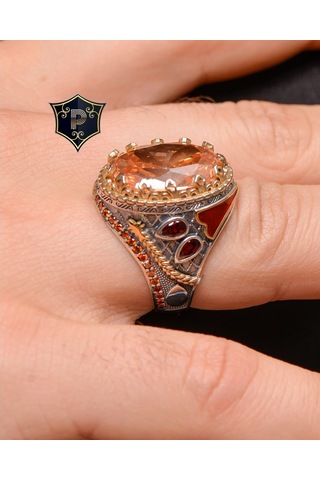 Gümüş Erkek Yüzük Sitrin Taşlı Şampanya Topaz Taş Süslemeli