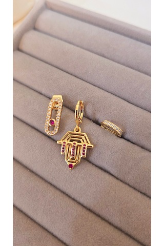 Pembe Taşlı Üçlü Şövalye Çelik Küpe Gold