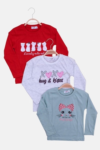3'lü Cat Meow-hug And Kisses-cute Cat Baskılı Kız Çocuk Uzun Kol Mint Yeşil-gri-kırmızı Sweatshirt Çok Renkli